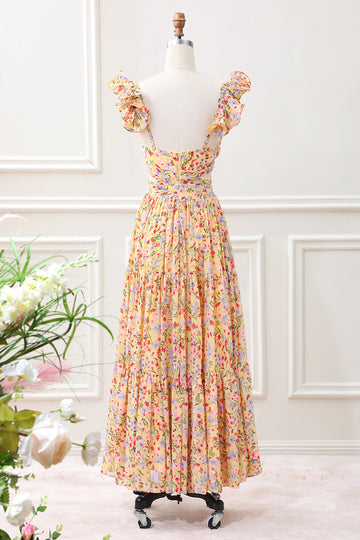 Yellow Flower A Line V Neck Print Pleated Wedding Guest Dress with Slit
